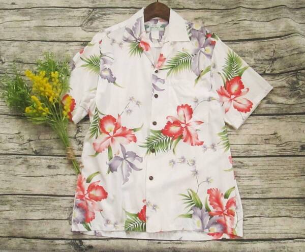 TWO PALMS トゥーパームス メンズ サイズ S ☆ レーヨン100% ハワイ製 アロハシャツ 半袖シャツ HAWAII ハイビスカス ☆ 白系 花柄