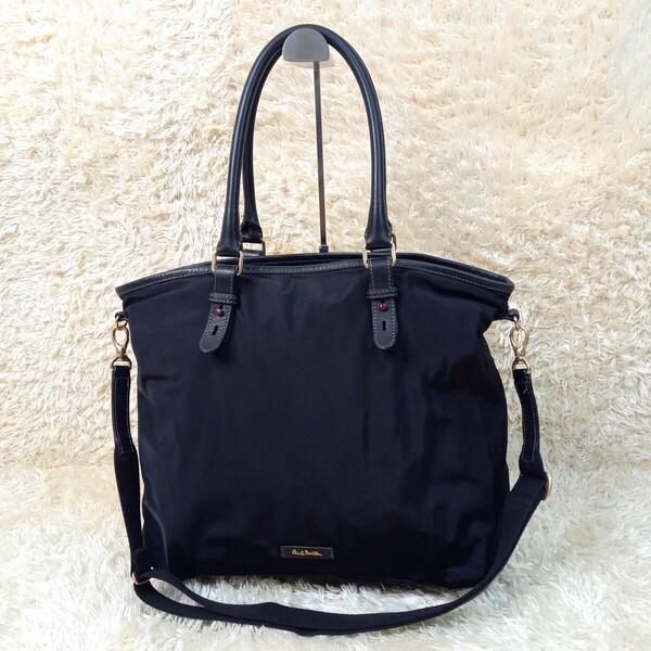 Paul Smith ポールスミス 2way ショルダーバッグ トートバッグ ハンドバッグ プレートロゴ A4サイズ収納 ブラック 黒 ナイロン レザー