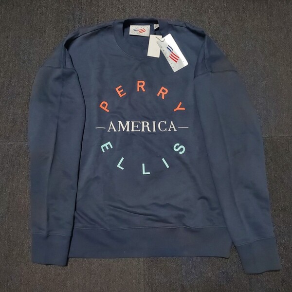 新品 正規品 PERRY ELLIS ペリーエリス AMERICA アメリカ USA sweatshirt スウェット トレーナー 刺繍ロゴ ネイビー 裏起毛 サイズL