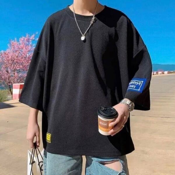 メンズ Tシャツ ビッグ オーバーサイズ 半袖 黒 ブラック 韓国 ストリート