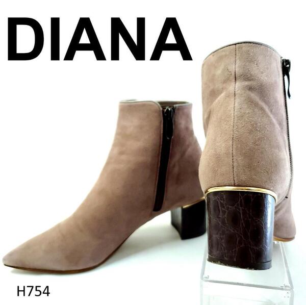 ダイアナ サイドジップブーツ 太ヒール ポインテッドトゥ ベージュ系 23.5 DIANA ショートブーツ
