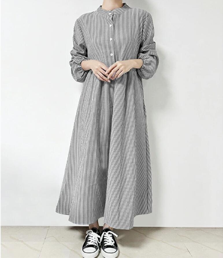 秋新作/ワンピース シャツワンピース ボーダー柄 長袖 ロング丈ワンピース 総柄