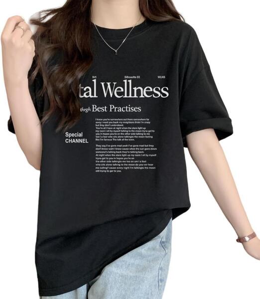 Tシャツ レディース シンプル英字プリント 半袖 ロゴtシャツ ブラック