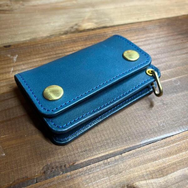 【トラッカーウォレット ミニ】 ネイビー 本革 ハンドメイド 財布 コンパクト
