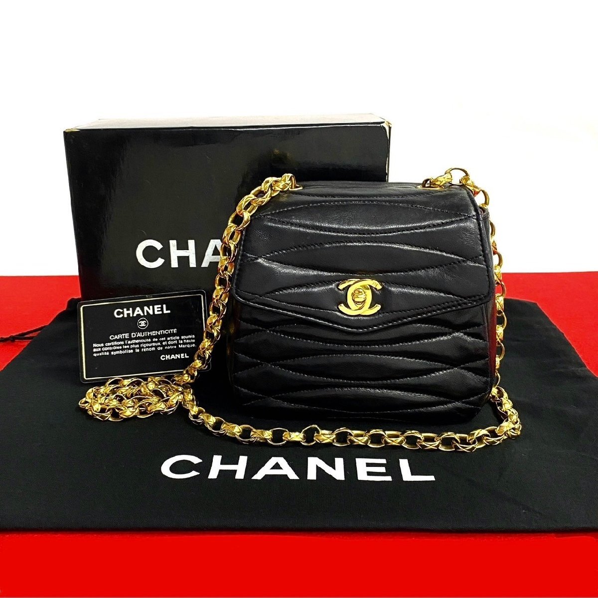 極 美品 箱 袋付 カード シール有 2番台 CHANEL シャネル ココマーク ラムスキン チェーン ミニ ショルダーバッグ ポシェット 黒 18004