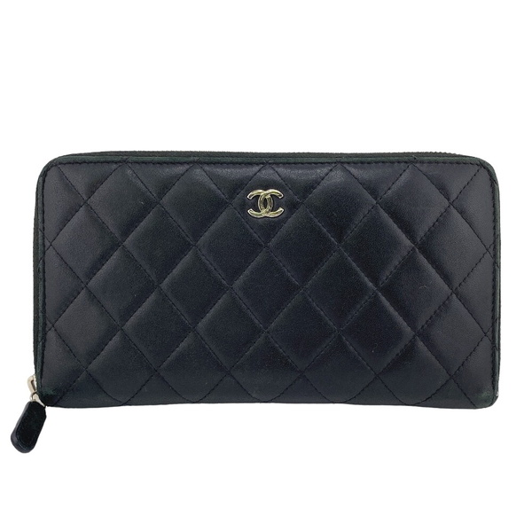 CHANEL/シャネル ココマーク ラウンドファスナー マトラッセ ラムスキン 長財布 ブラック レディース ブランド