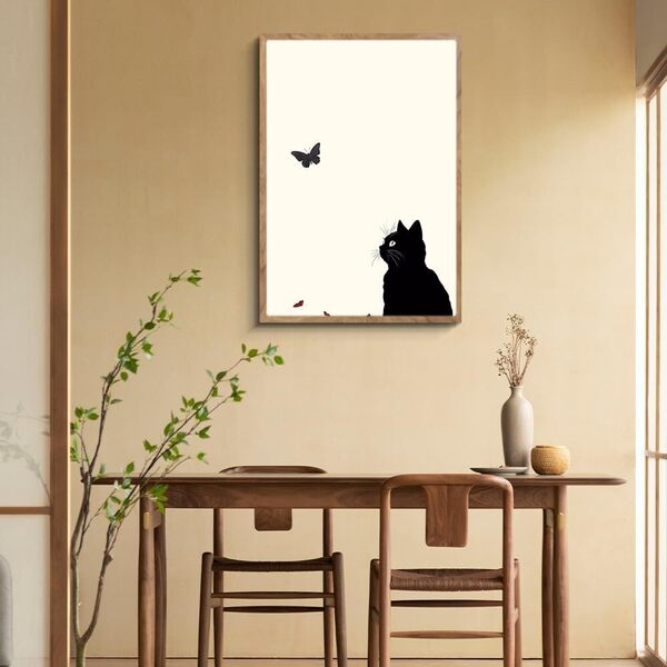 アートパネル 40×60cm アートボード ポスター 猫 ネコ 蝶々 アニマル 動物 インテリア 現代 額付き 木枠付きの完成品 木目調 フレーム