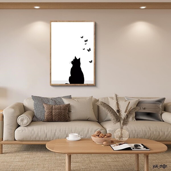 アートパネル 40×60cm アートボード ポスター 猫 ネコ 蝶 背中 アニマル 動物 インテリア 現代 額付き 木枠付きの完成品 木目調 フレーム