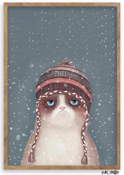 アートパネル 40×60cm アートボード ポスター 猫 ネコ 雪 アニマル 動物 インテリア 現代 額付き 木枠付きの完成品 木目調 フレーム