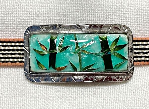 NO.1644 帯留め 七宝焼 竹に笹の葉 SILVER 三分紐用(帯留 帯飾り 和装小物)