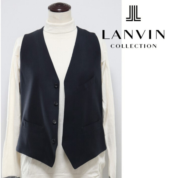 新品【ランバン コレクション】高級ライン ウールベスト ジレ 黒無地 48(L) 裏地がオシャレ! 3Pスーツにも・・v5759