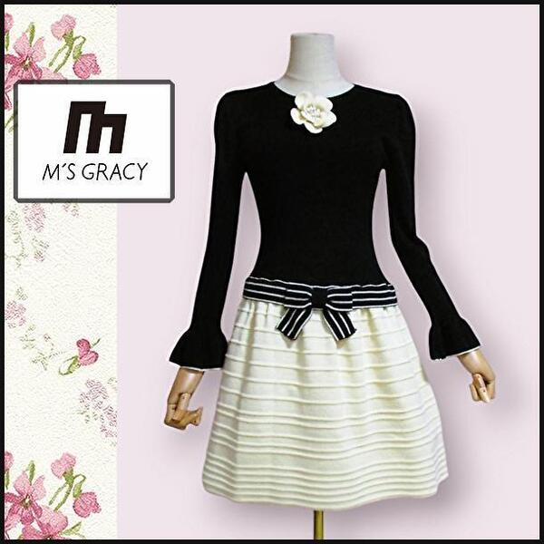 【エムズグレイシー/M'S GRACY】ニットワンピース フレア M バイカラー フィット&フレア リボン コサージュ ストレッチ 匿名発送
