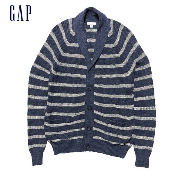 USA 古着 Gap ギャップ コットンニット ショールカラー ボーダー カーディガン メンズM ネイビー 紺色 BH0274