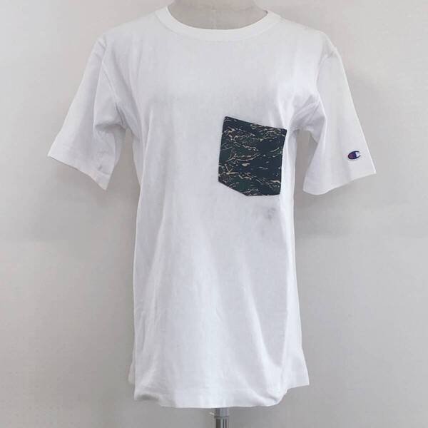 Z1599 Champion チャンピオン メンズ トップス Tシャツ 半袖 薄手 胸ポケット 伸縮性 M ホワイト 白 ワンポイント迷彩 綿100% 涼しげ