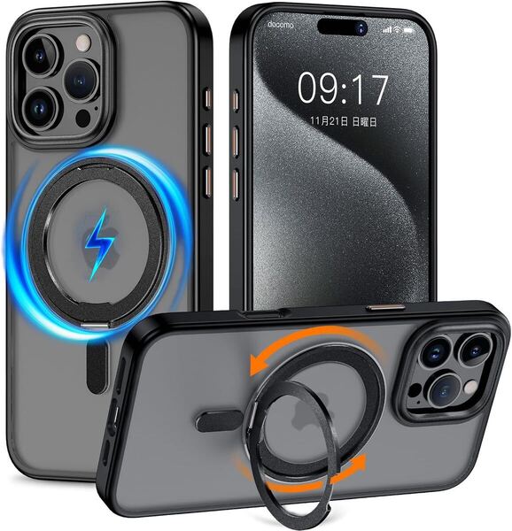 iPhone 16 Pro専用(6.3インチ) カバー 360°回転スタンド MagSafe対応 耐衝撃 指紋防止 ワイヤレス充電対応 (半透明ブラック)