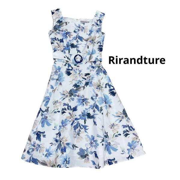 2025 -大特価ー 【リランドチュール】 Rirandture ロングフレアワンピース (S) ベルト ミモレ丈 総柄 花柄 ブルー 青 ROT20