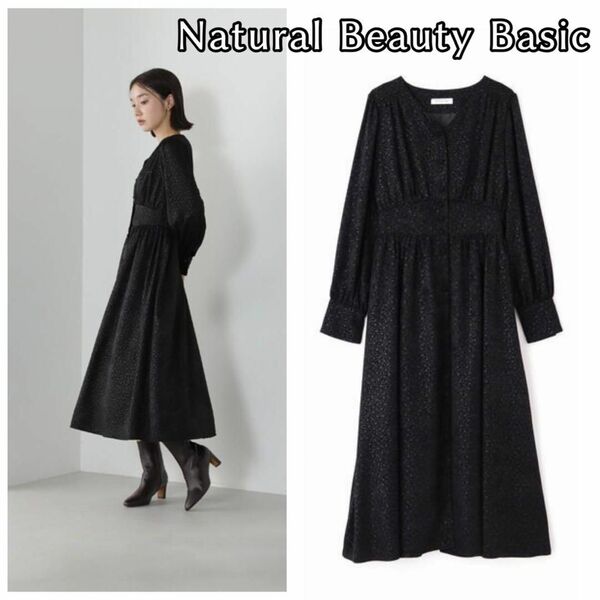 2211-訳あり大特価ー 【ナチュラルビューティベーシック】 NATURAL BEAUTY BASIC ロングワンピース (M)総柄 花柄 長袖 黒 ROT22