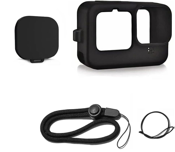 送料無料 新品GoPro HERO11/10/9 Black用シリコン保護フレーム ケース+レンズカバー+ストラップ傷防止アクション スポーツ カメラ ブラック