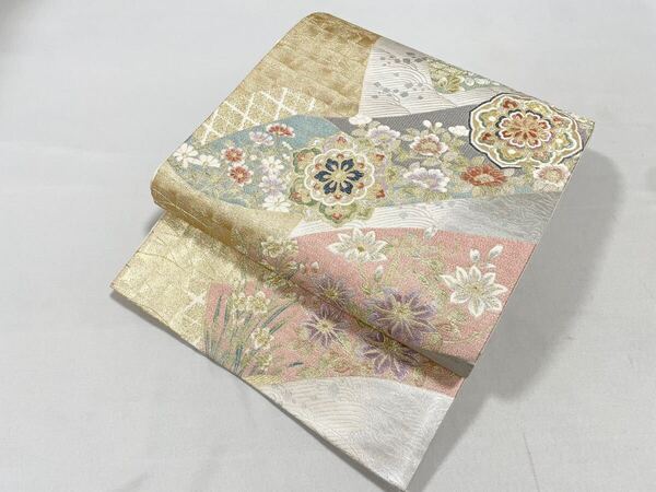 送料無料 煌輝箔錦 花文 季節の花々 波 金×銀 正絹 六通 袋帯 フォーマル 仕立て上がり リサイクル
