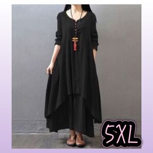 ロング 切替 ワンピース リネン調 長袖 5XL 黒 ゆったり マタニティ