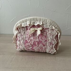 【handmade 01】手縫い キルト レース フリル ポーチ ピンク