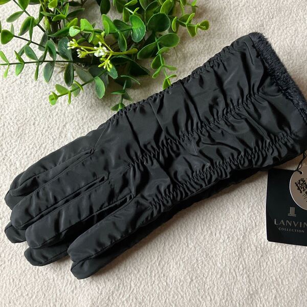 ★新品★ LANVIN ランバン 防風 裏起毛 手袋 撥水素材 シャーリングデザイン レディース ブラック系