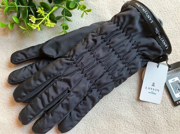 ★新品★ LANVIN en Bleu ランバンオンブルー 防風 裏起毛 手袋 撥水素材 ロゴ×パイピング レディース ブラック系