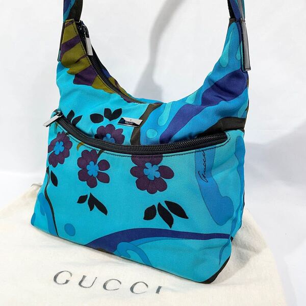 【美品】 正規品 GUCCI グッチ ミニ ワンショルダーバッグ 花柄 フローラ 青 ブルー ナイロン 肩掛け ハンドバッグ 保存袋付き かばん 鞄