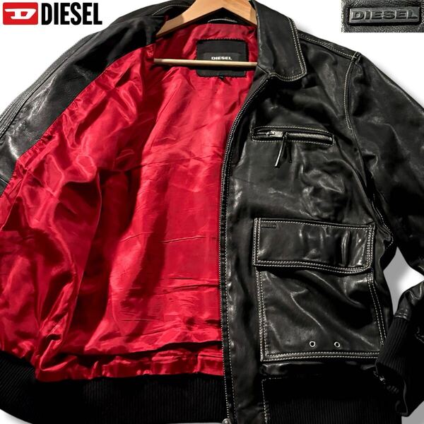 極美品/XLサイズ●DIESEL ディーゼル ラムレザージャケット ブルゾン ジップ ライダース ステッチ 胸元ロゴ金具 裏地レッド 羊革 背面金具
