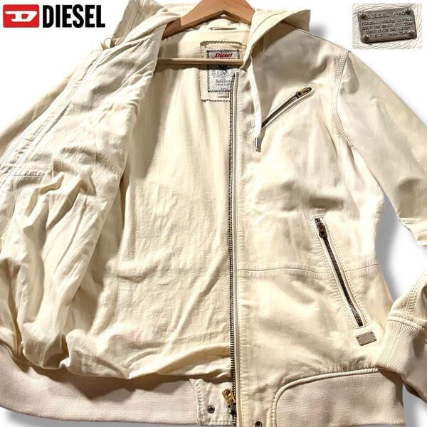 M-Lサイズ●DIESEL ディーゼル ラムレザー パーカー フード ジップジャケット ライダース ブルゾン ロゴ金具 羊革 アイボリー系