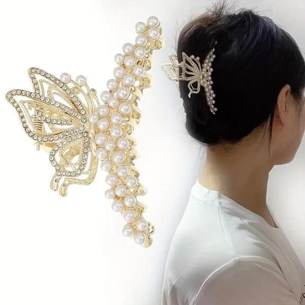 パール&ラインストーンヘアクリップ バタフライバレッタ バンスクリップまとめ髪