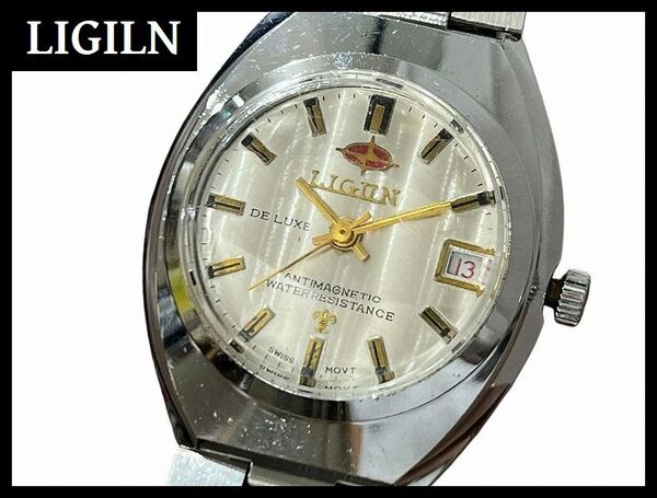 送料無料 G② LIGILN リジン DELUXE デラックス DE LUXE 手巻き アナログ ANTIMAGNETIC 3針 銀 シルバー 文字盤 デイト 腕時計 ウォッチ