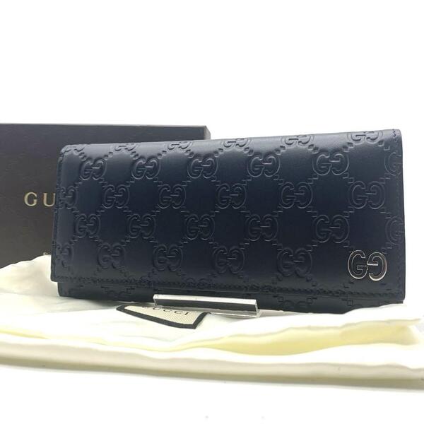 未使用級 GUCCI 二つ折り財布 ネイビー 紺色 レザー Gドリアン