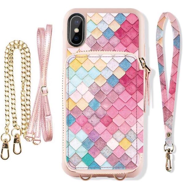 iPhoneX スマホケース 財布付きAA0227 斜めがけストラップ付き ピンク色タイル模様 カードケース付き大人かわいい手帳レディースマーメイド