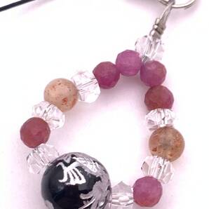 天然石オニキス銀彫り青龍&ルビー&サンストーンのストラップ