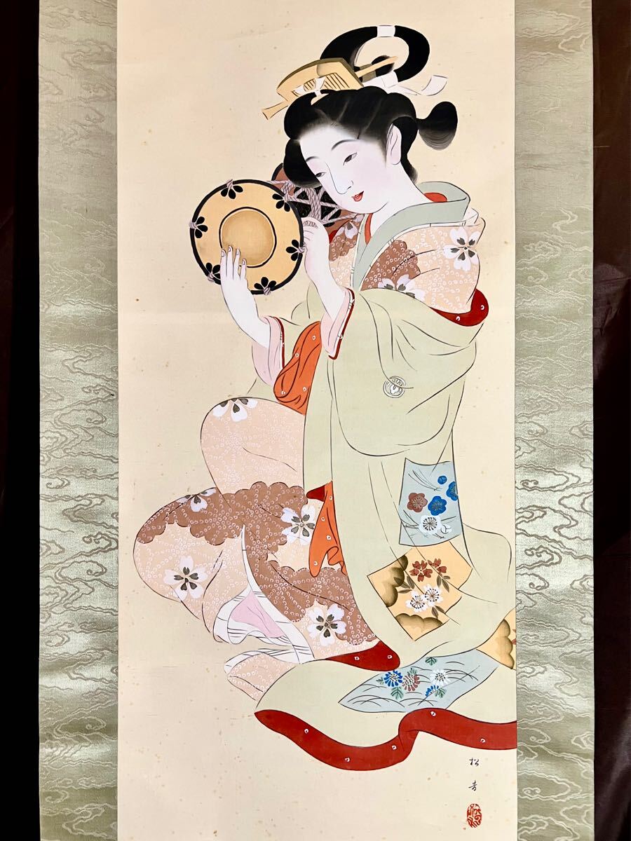 真作】 「華鳳」銘 美人画 日本画 絹本 掛軸 合わせ箱 ｜絵画