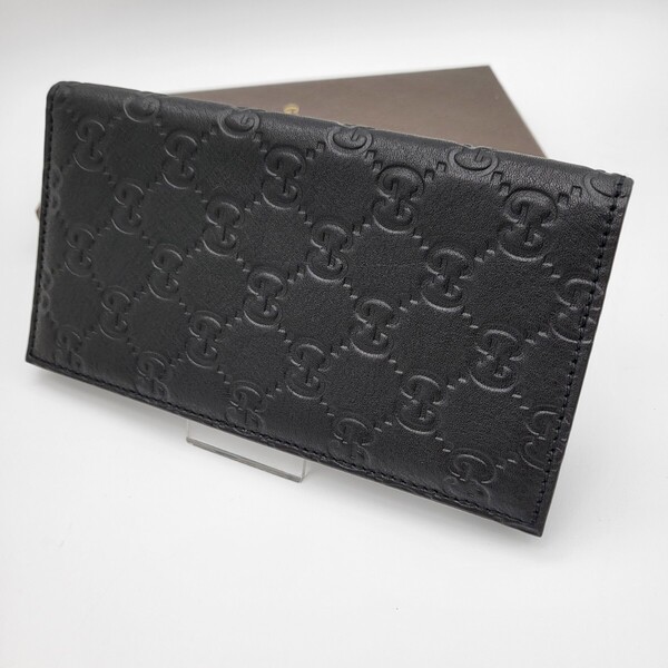 箱付き 未使用 GUCCI グッチ 札入れ 長財布 財布 シマ レザー ブラック 黒