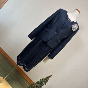 3-3新品フォーマルスーツ セレモニースーツ2点セットアップ ノーカラージャケット+シフォンレース切替ワンピースネイビー紺 13号 L