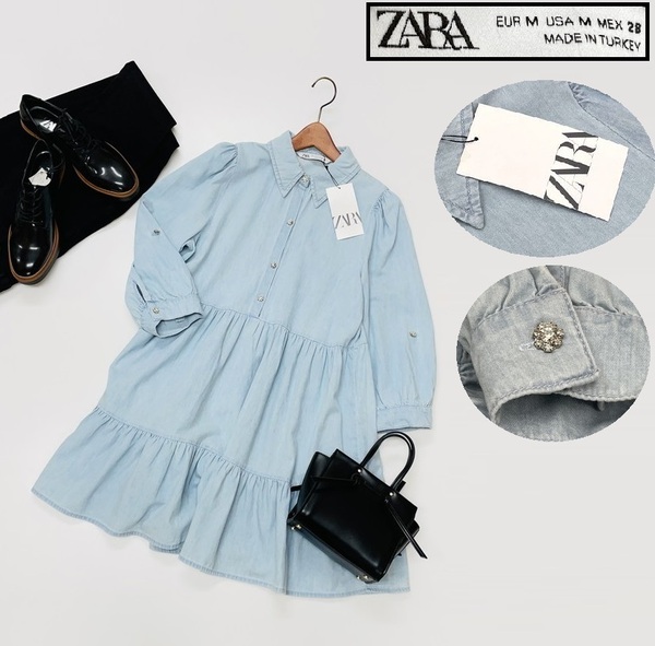 ZARA /M/ ブルー 長袖チュニック ワンピース ドレス レディース タグ付き デニムカジュアルフェミニン大人可愛いビジューコットン生地 ザラ