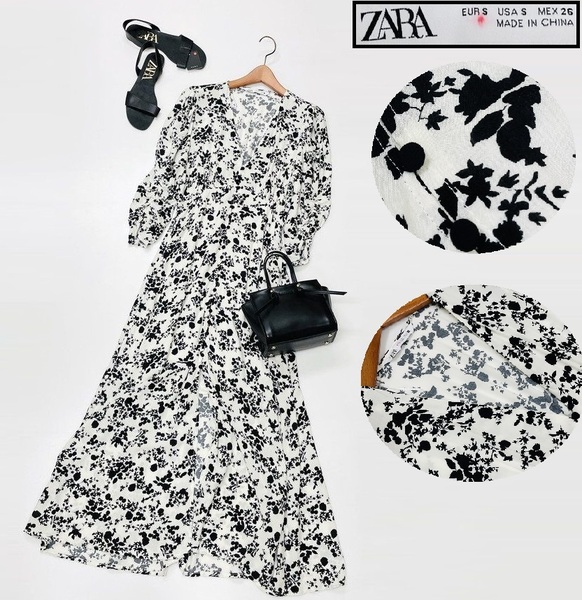 ZARA /S/ ホワイト×ブラック ロングワンピース 花柄ドレス レディース カジュアル フェミニン大人可愛いVネックガーリーセクシー生地 ザラ