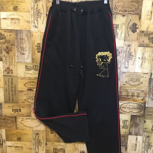 90s ヴィンテージ ベティーブープ BETTY BOOP ジャージパンツ イージーパンツ 刺繍 デカロゴ ブラック 黒 XL 希少 レア 送料無料