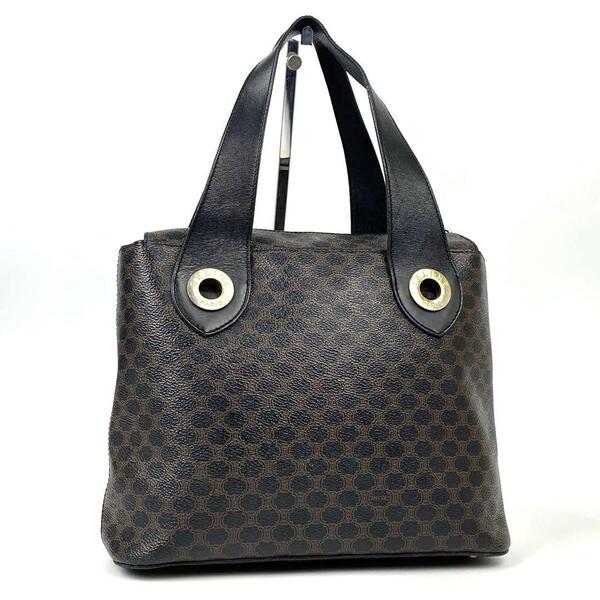【美品】CELINE セリーヌ ハンドバッグ トートバッグ 黒マカダム柄 サークルロゴ ゴールド金具 ブラゾン フォーマル 男女兼用 PVC レザー