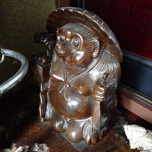 即決!木彫りたぬき狸置物オブジェ彫刻縁起物