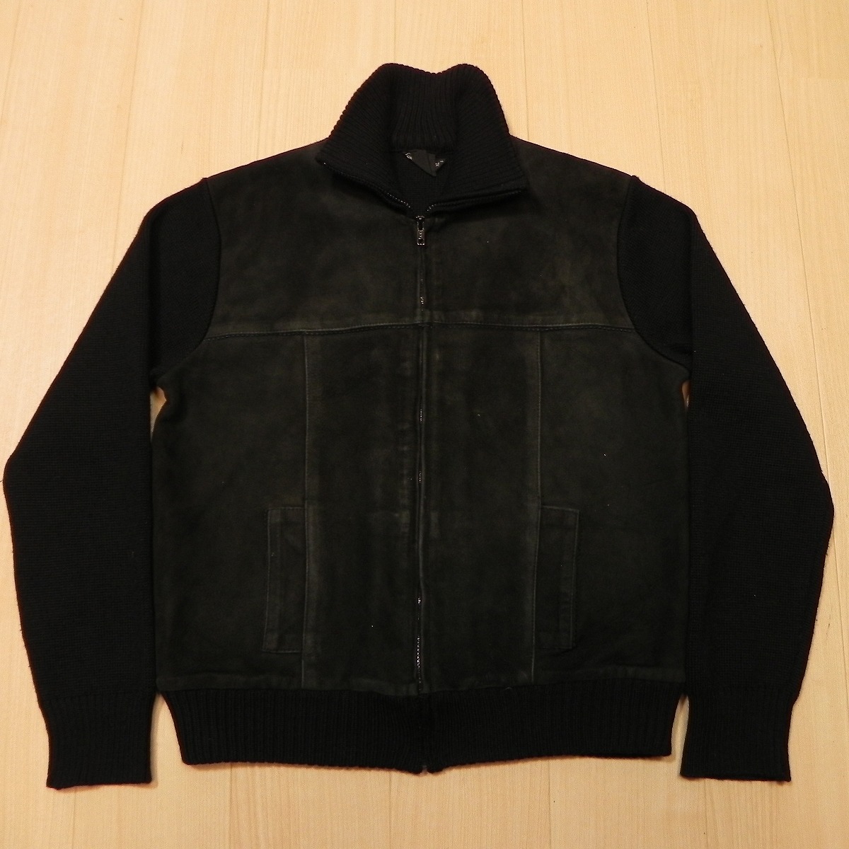 C&A レザー×ニット カーディガン フルジップ ジャンパー (XL) 黒 ブラック オールド 中古 古着 ★h