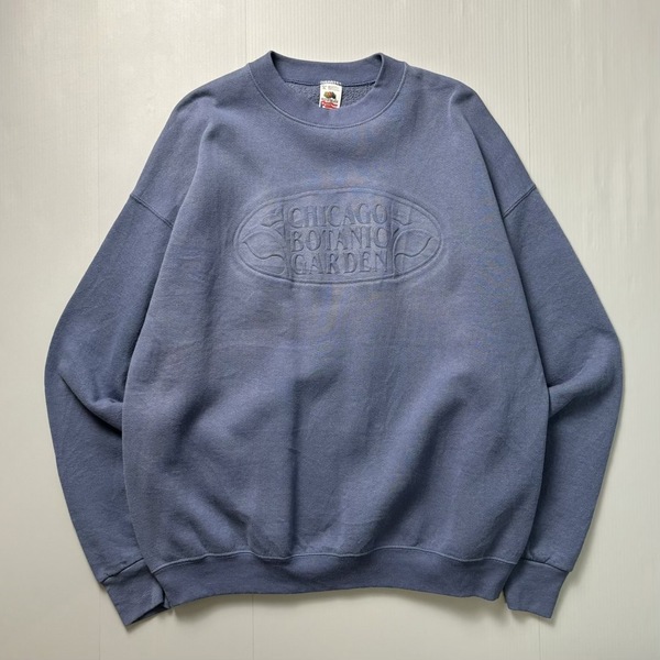 古着 90s USA製 FRUIT OF THE LOOM 企業ロゴ 立体 刺繍 スウェット トレーナー フェード ビッグサイズ ブルー ネイビー XLサイズ