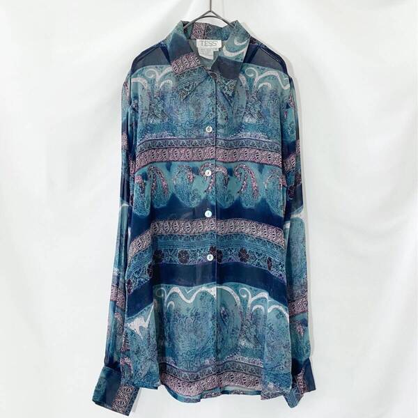 古着 90s 90年代 ペイズリー シャツ 長袖 シアーシャツ シルク 花柄 ボーダー 総柄 ボタニカル グラデーション ネイビー ブルー Sサイズ