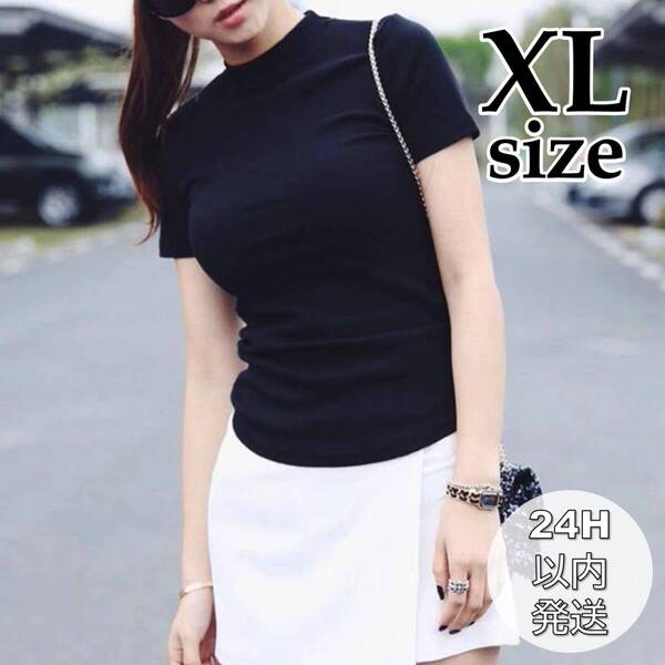 【新品・XL】レディース Tシャツ カットソー 黒 半袖 シンプル ハーフネック 1977黒XL