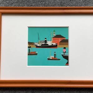 ■柳原良平『大阪商船本社前 安治川波止場に碇泊中の筑後川丸』B5サイズ額入り 貴重イラスト 印刷物 ポスター風デザイン 額装品 インテリア