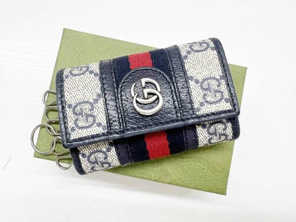 美品 GUCCI グッチ GGスプリーム シェリー 6連 キーケース PVC グレー ネイビー 603732