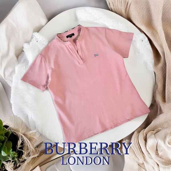 美品 BURBERRY LONDON 海外セールス品 香港製 レディース 半袖 トップス 鹿の子 Tシャツ バーバリー ショート丈 ゴルフウェア ピンク